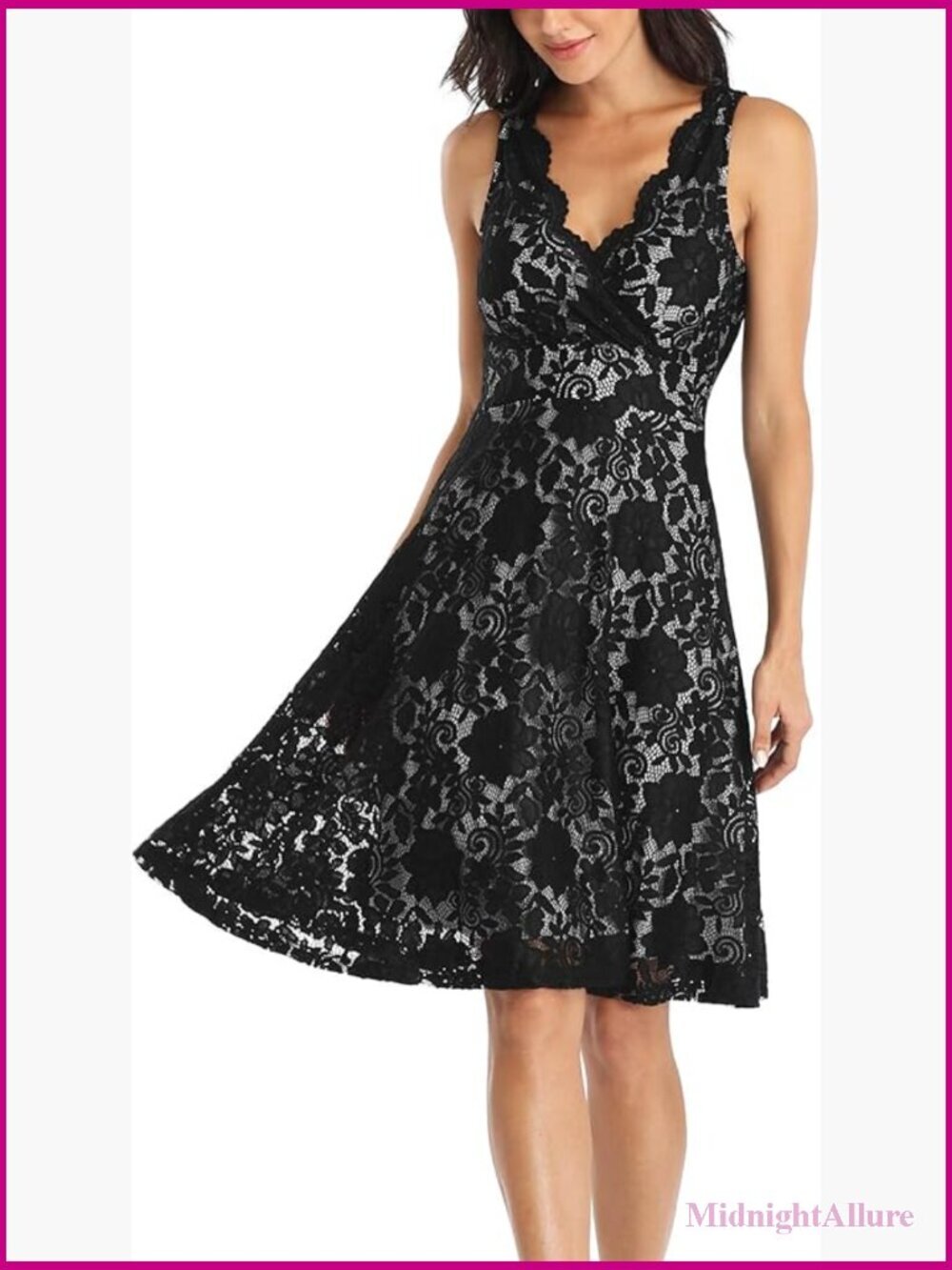 Women's Floral Lace Overlay Fit and Flare V-Neck Sleeveless Knee-Length